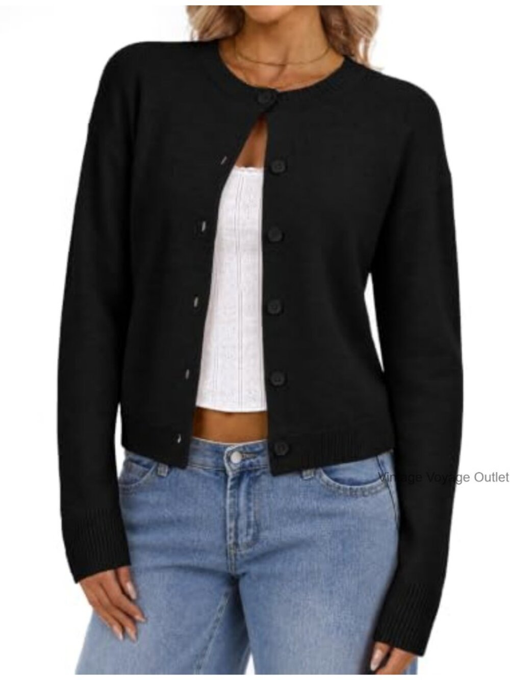 Cropped Cardigan Sweater Crew Neck Button Front Knit Layering Piece